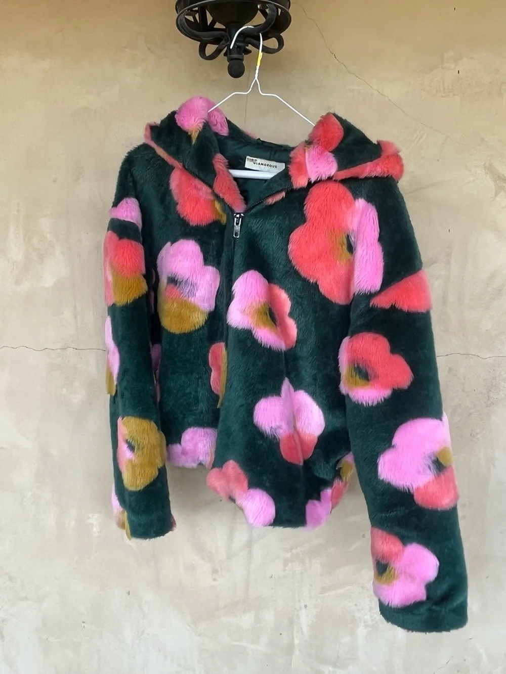 Dark Green Teddy Jacket with Pink & Coral Floral Print - Picture 1 of 2